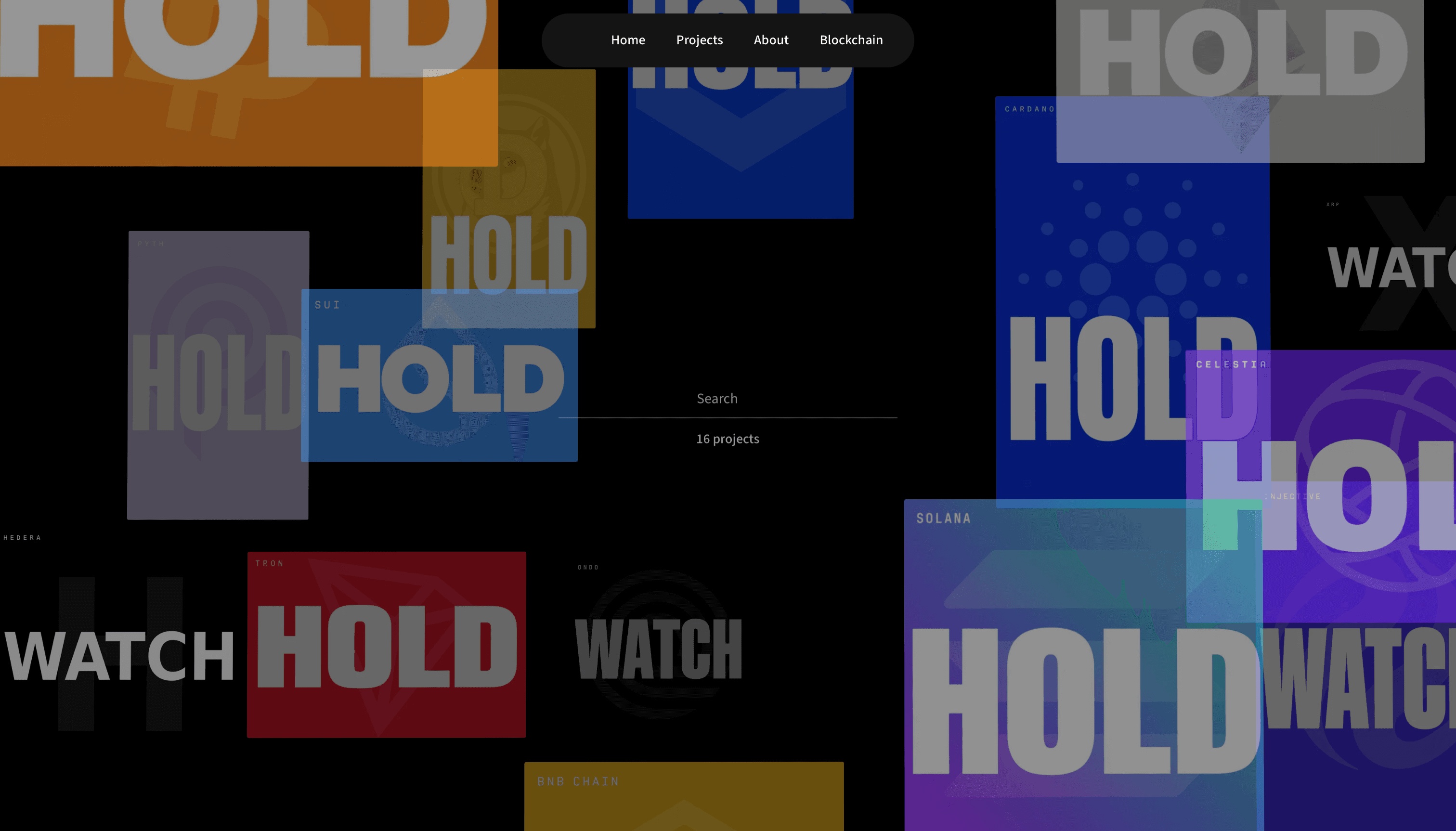 Website header design with minimalist menu and overlapping colorful blocks